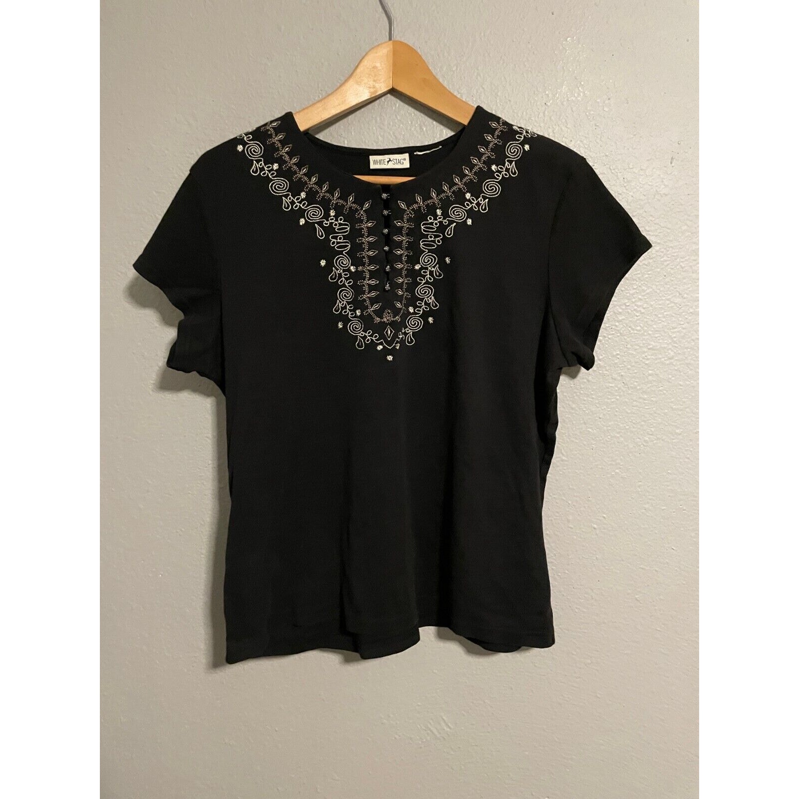 Vintage White Stag Womens Top Large Black Floral Embroidered Boxy Whimsigoth Y2k